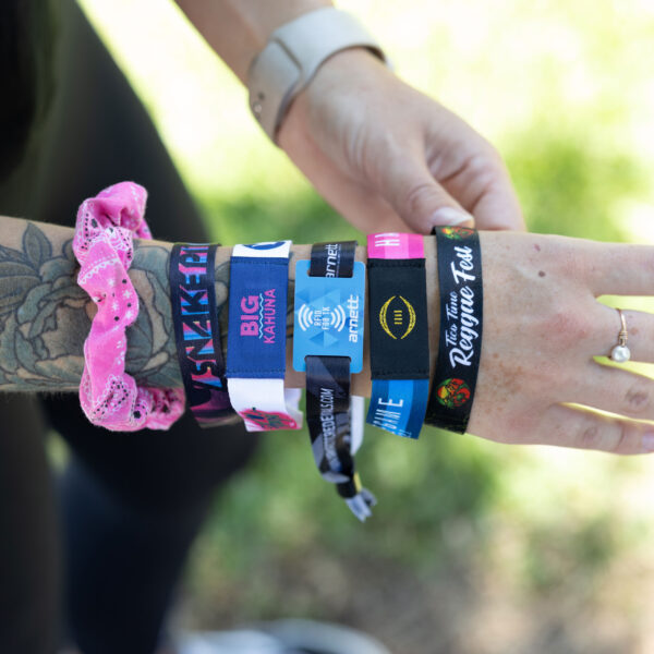 Dye sub wristbands being displayed on an arm