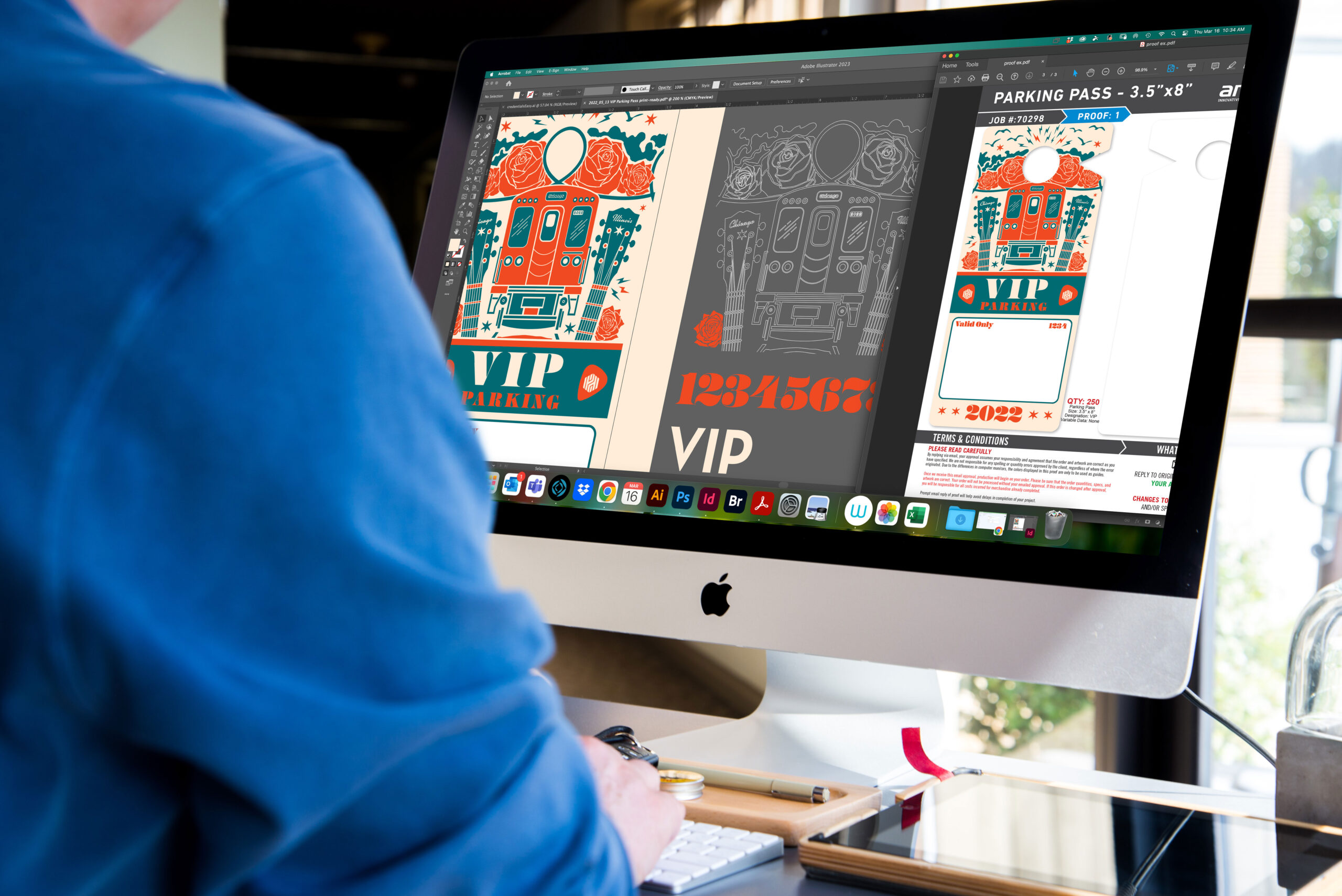 Graphic designer working on VIP parking pass artwork on a large monitor