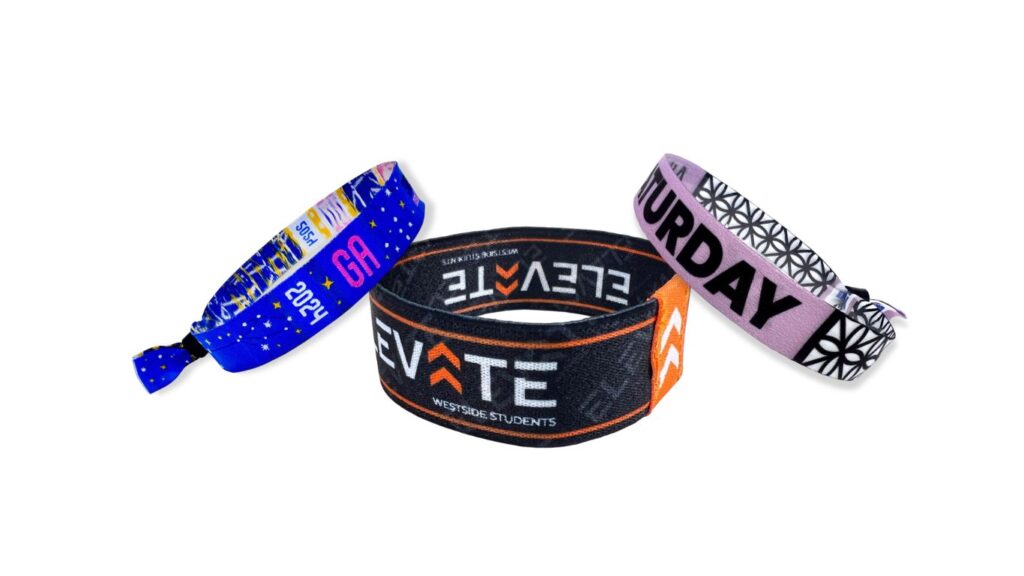 Comparison of cloth wristbands—sublimated festival band, woven wristband, and elastic wristband—used for summer events and water parks.