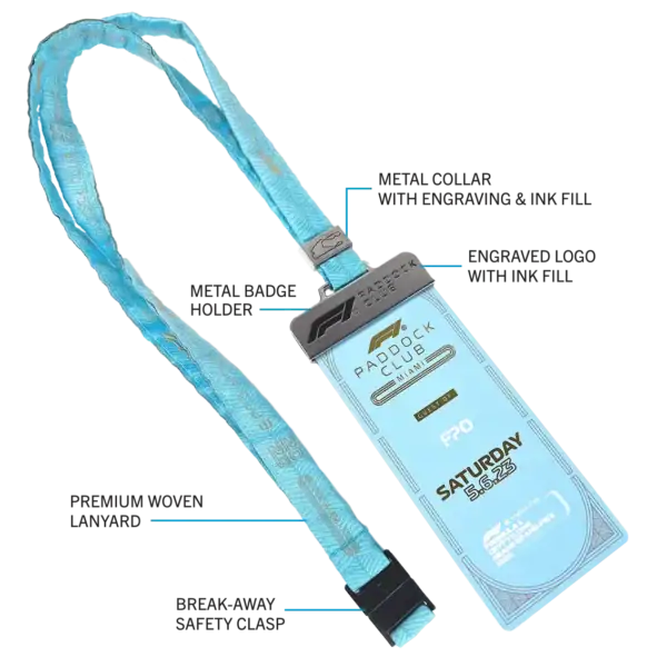 Best-selling motorsport lanyard showing metal collar, badge holder, woven lanyard and break-away clasp