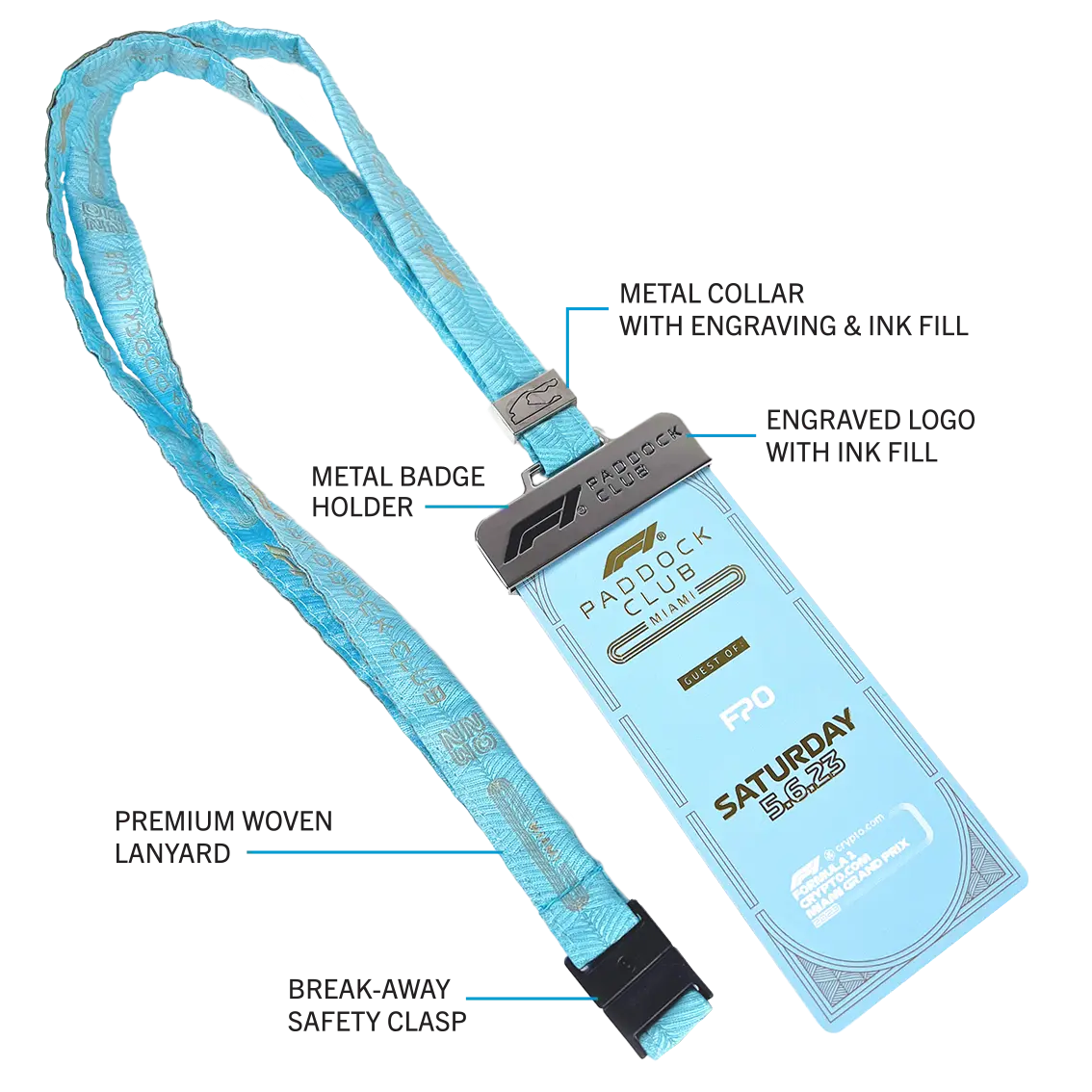 Best-selling motorsport lanyard showing metal collar, badge holder, woven lanyard and break-away clasp