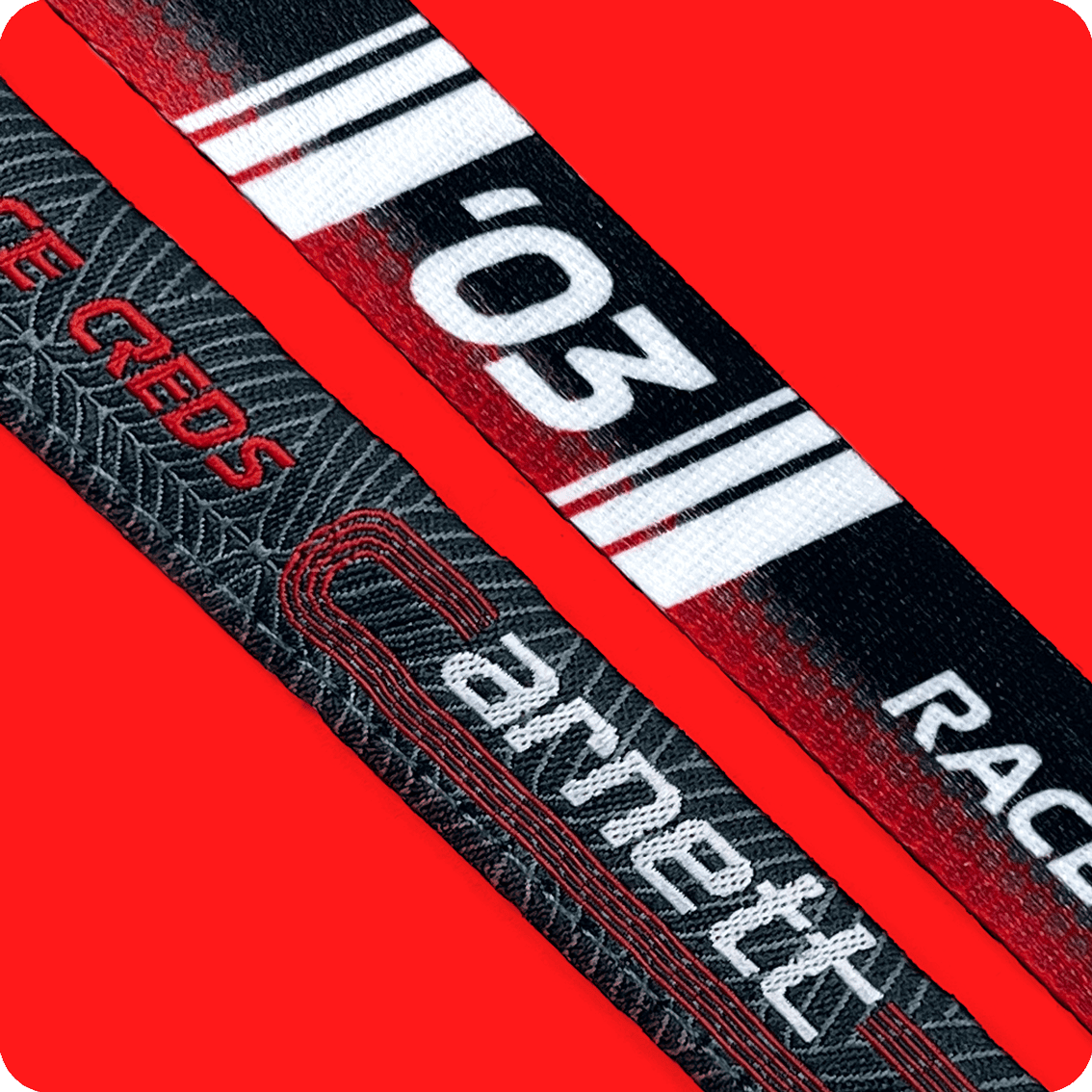 Dye-sub and woven racing lanyard material