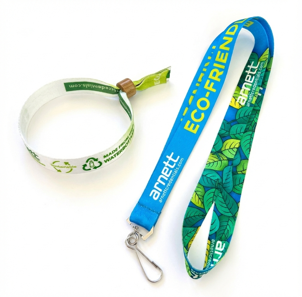 RPET fabric lanyards and cloth wristbands made from recycled bottles