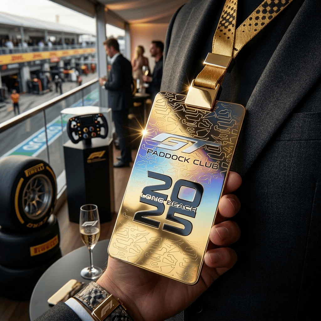 Metal motorsport badge and pit plate examples