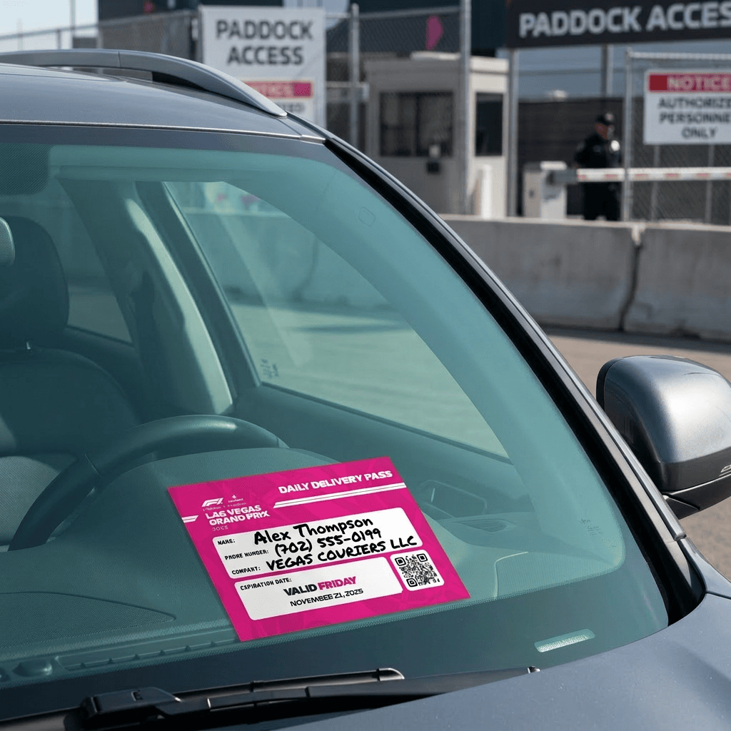 Motorsport parking passes and vehicle hang tags for paddock access