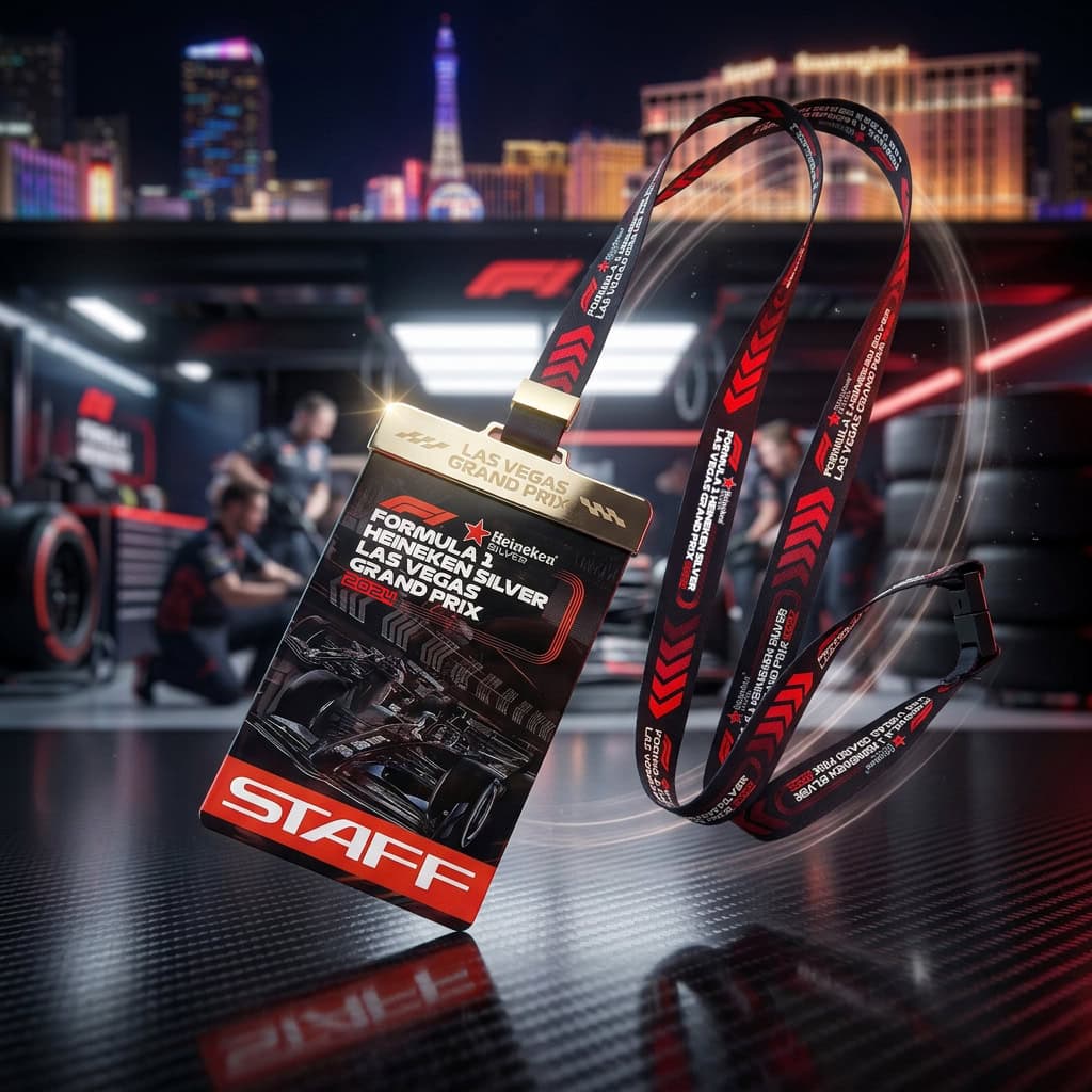 Motorsport pit and paddock badges on lanyards