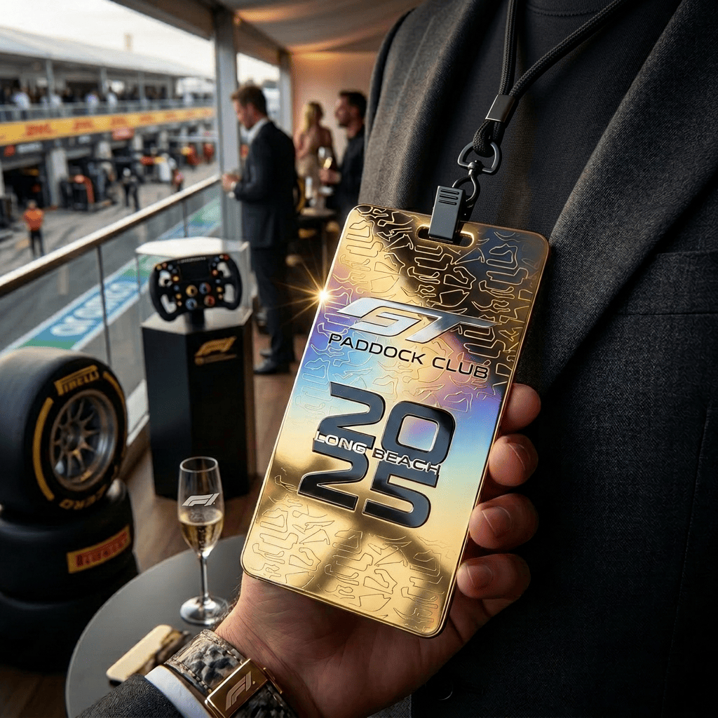 Metal pit pass badges for motorsport VIP and team principals